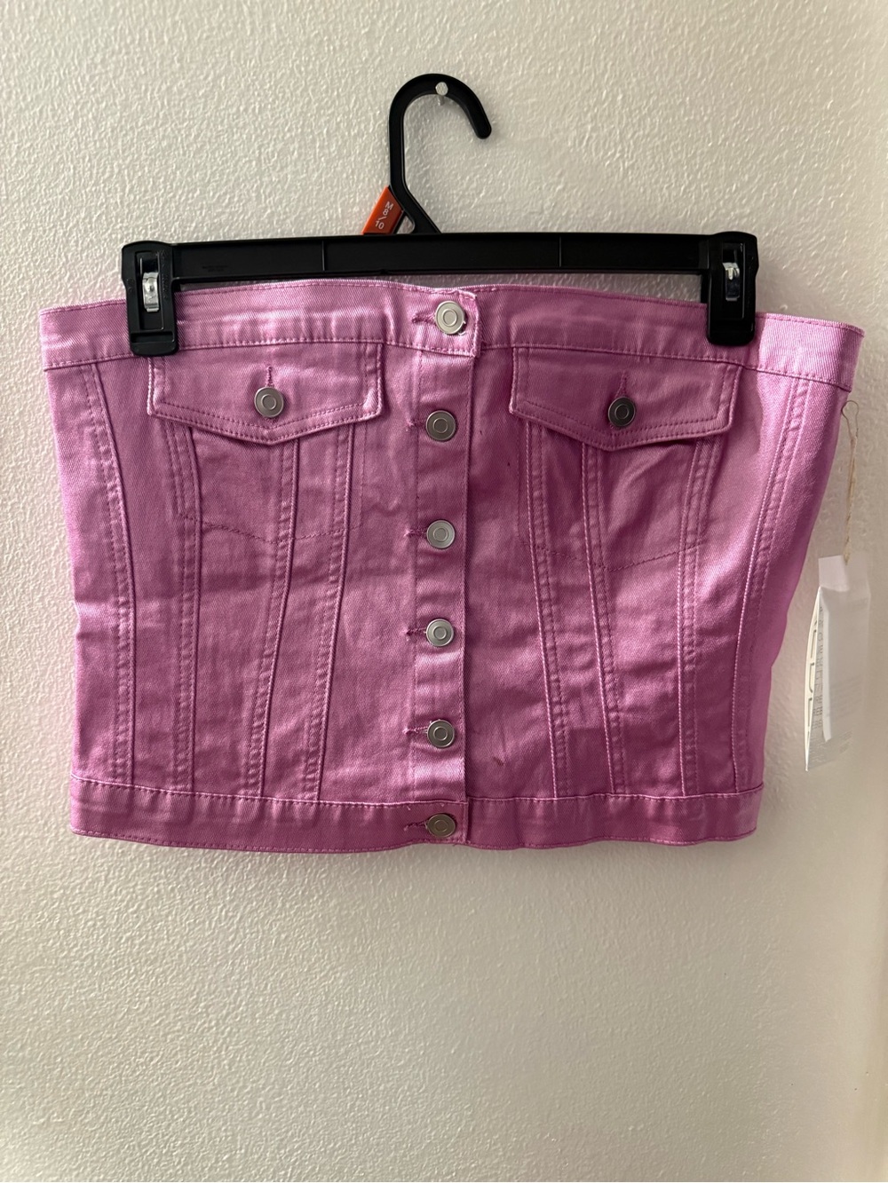 Strapless Pink Denim Button-Front Tube Top